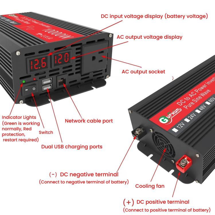Gurxun 1500W Dual USB Fast Charger Dual Digital Display Pure Sine Wave Inverter, Spec: US Plug 12V To 110V - free shipping - PMC TechLife - Order now!