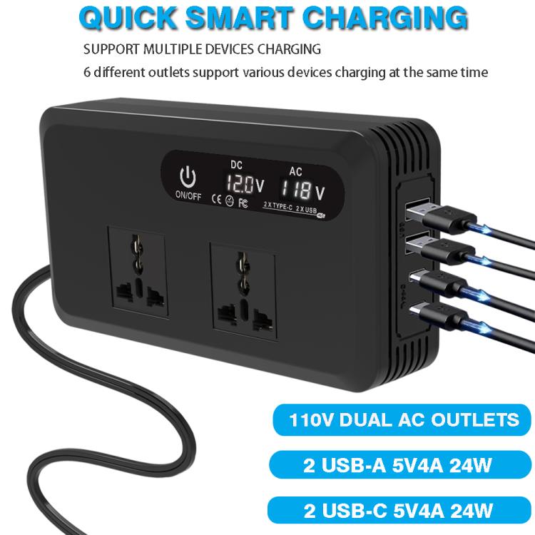 Gurxun Dual Digital Display Car Inverter With 2 USB+2 Type-C Ports Brazil Plug 220V - free shipping - PMc TechLife - Order now!