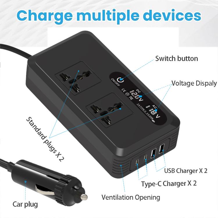 Gurxun Dual Digital Display Car Inverter With 2 USB+2 Type-C Ports Universal Plug 110V - free shipping - PMc TechLife - Order now!
