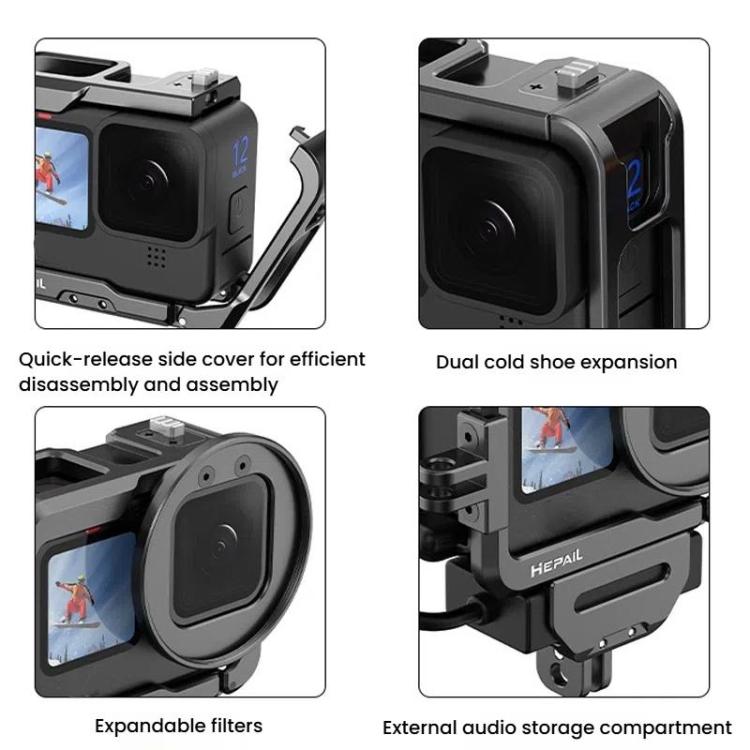 For GoPro HERO12 Black /11 Black /10 Black /9 Black HEPAIL C-G12 Metal Rabbit Cage With Dual Cold Shoe Connector - free shipping - PMC TechLife - Order now!