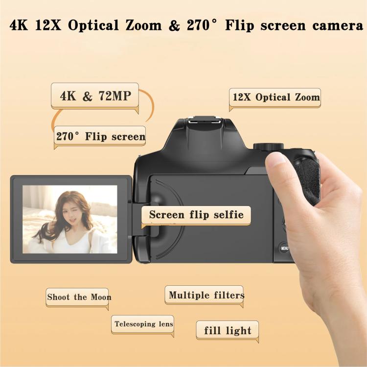 4K 72MP 12X Optical Zoom Student Digital Camera WiFi HD Video Camera With 3 Inch Flip Screen(Black) - Video Cameras by PMc TechLife | Online Shopping South Africa | PMc TechLife | Buy Now Pay Later Mobicred