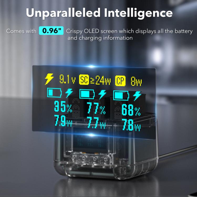 For GoPro HERO13 Black Super Fast Charger Dock Battery Charging Station With OLED Screen Display(Transparent Black) - free shipping - PMC TechLife - Order now!