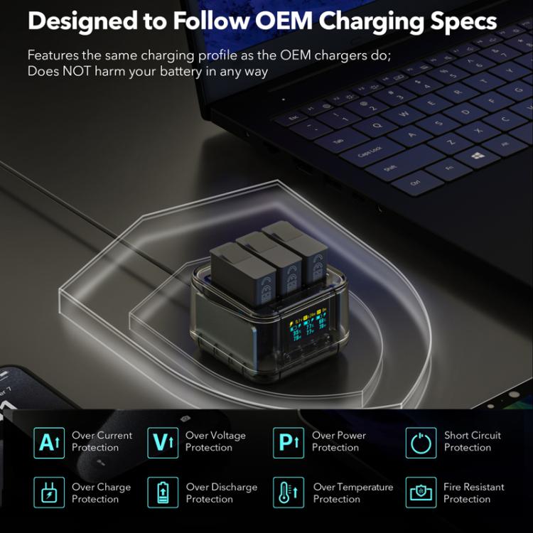 For GoPro HERO13 Black Super Fast Charger Dock Battery Charging Station With OLED Screen Display(Transparent Black) - free shipping - PMC TechLife - Order now!