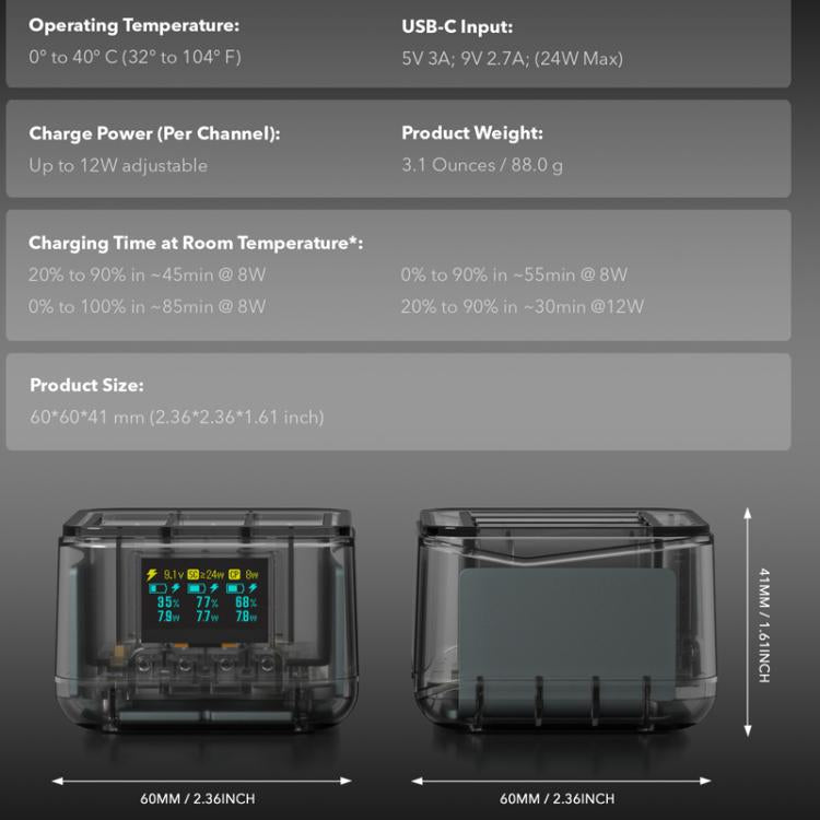 For GoPro HERO13 Black Super Fast Charger Dock Battery Charging Station With OLED Screen Display(Transparent Black) - free shipping - PMC TechLife - Order now!
