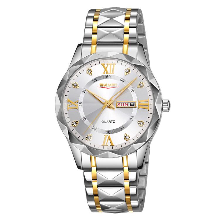 SKMEI Business Casual Watches Diamond Case Luminous Waterproof Quartz Watch, Style: Men Silver Gold Strap Silver Dial - free shipping - PMC TechLife - Order now!