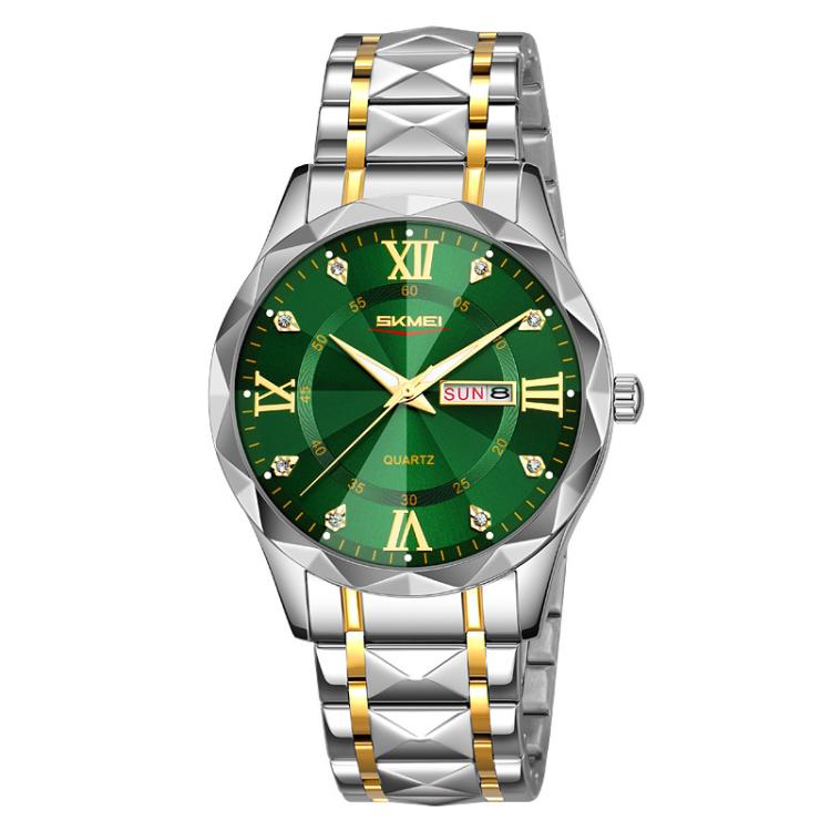 SKMEI Business Casual Watches Diamond Case Luminous Waterproof Quartz Watch, Style: Men Silver Gold Strap Green Dial - free shipping - PMC TechLife - Order now!