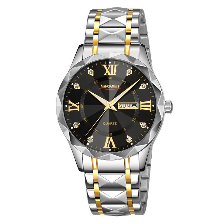 SKMEI Business Casual Watches Diamond Case Luminous Waterproof Quartz Watch, Style: Men Silver Gold Strap Black Dial - free shipping - PMC TechLife - Order now!