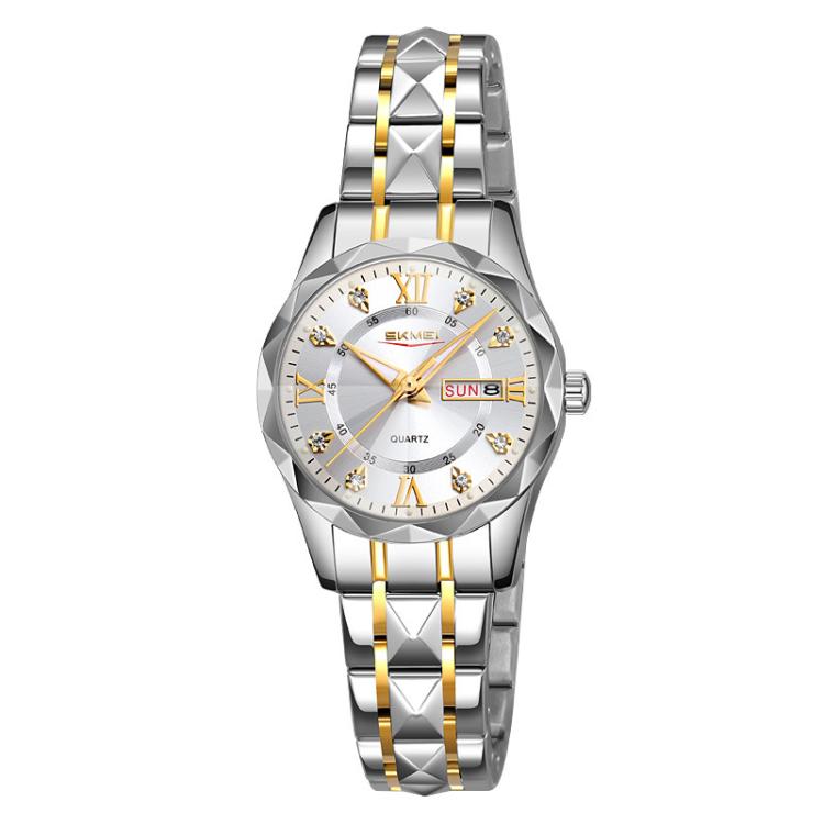 SKMEI Business Casual Watches Diamond Case Luminous Waterproof Quartz Watch, Style: Women Silver Gold Strap Silver Dial - free shipping - PMC TechLife - Order now!