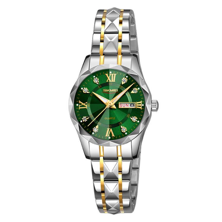 SKMEI Business Casual Watches Diamond Case Luminous Waterproof Quartz Watch, Style: Women Silver Gold Strap Green Dial - free shipping - PMC TechLife - Order now!