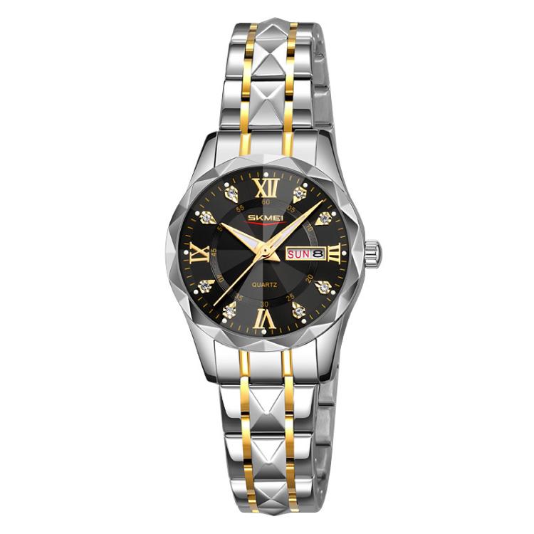 SKMEI Business Casual Watches Diamond Case Luminous Waterproof Quartz Watch, Style: Women Silver Gold Strap Black Dial - free shipping - PMC TechLife - Order now!