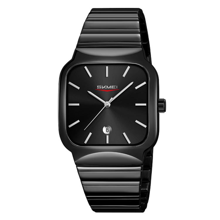 SKMEI 9361 Steel Strap Textured Dial Watch Business Casual Square Quartz Watch, Style: Black Case Black Dial - free shipping - PMC TechLife - Order now!
