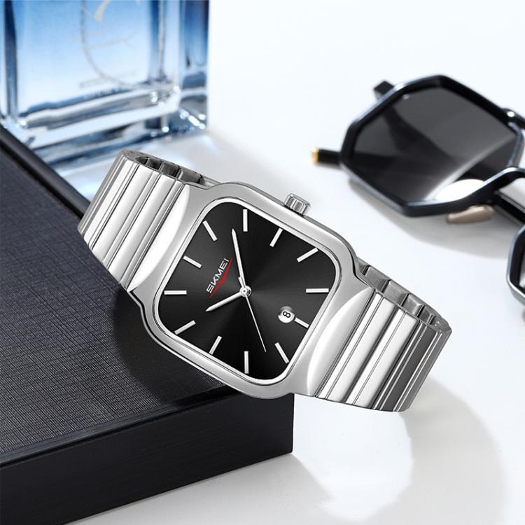 SKMEI 9361 Steel Strap Textured Dial Watch Business Casual Square Quartz Watch, Style: Silver Gold Case Black Dial - free shipping - PMC TechLife - Order now!