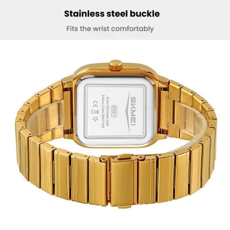 SKMEI 9361 Steel Strap Textured Dial Watch Business Casual Square Quartz Watch, Style: Silver Gold Case Black Dial - free shipping - PMC TechLife - Order now!