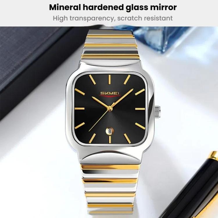 SKMEI 9361 Steel Strap Textured Dial Watch Business Casual Square Quartz Watch, Style: Silver Gold Case Black Dial - free shipping - PMC TechLife - Order now!