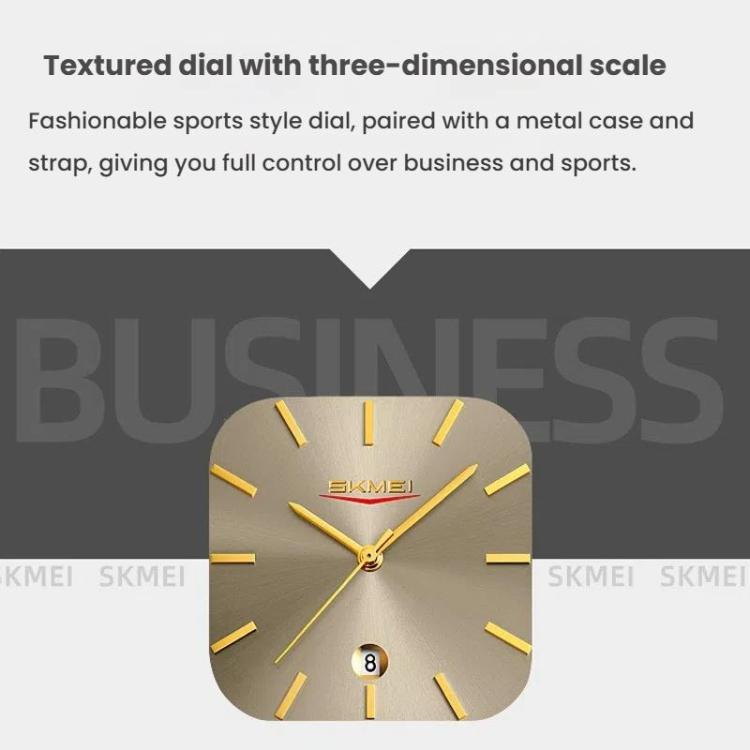SKMEI 9361 Steel Strap Textured Dial Watch Business Casual Square Quartz Watch, Style: Black Gold Case Black Dial - free shipping - PMC TechLife - Order now!