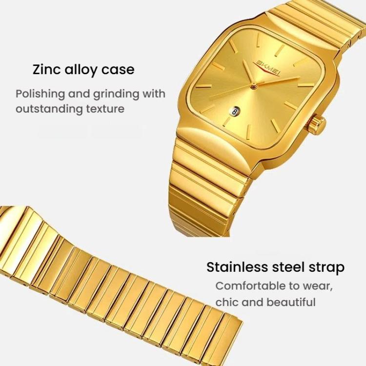 SKMEI 9361 Steel Strap Textured Dial Watch Business Casual Square Quartz Watch, Style: Black Gold Case Black Dial - free shipping - PMC TechLife - Order now!