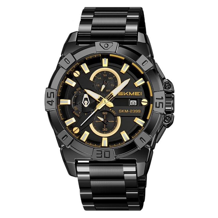 SKMEI 2399 Three-eye Six-pin Steel Band Quartz Watch Men Business Casual Watch(Black Gold) - free shipping - PMC TechLife - Order now!