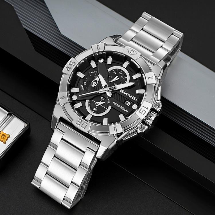 SKMEI 2399 Three-eye Six-pin Steel Band Quartz Watch Men Business Casual Watch(Silver) - free shipping - PMC TechLife - Order now!