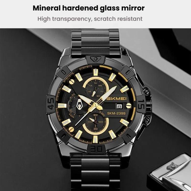 SKMEI 2399 Three-eye Six-pin Steel Band Quartz Watch Men Business Casual Watch(Black Gold) - free shipping - PMC TechLife - Order now!