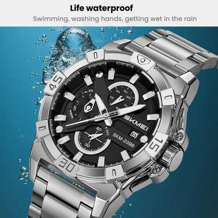 SKMEI 2399 Three-eye Six-pin Steel Band Quartz Watch Men Business Casual Watch(Black) - free shipping - PMC TechLife - Order now!