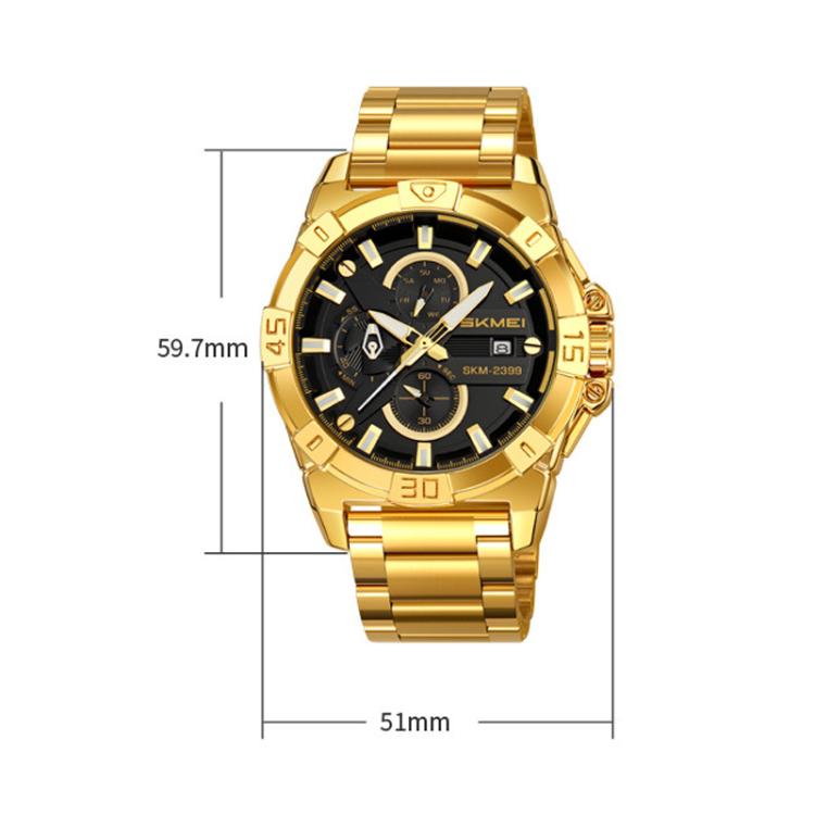 SKMEI 2399 Three-eye Six-pin Steel Band Quartz Watch Men Business Casual Watch(Black Gold) - free shipping - PMC TechLife - Order now!