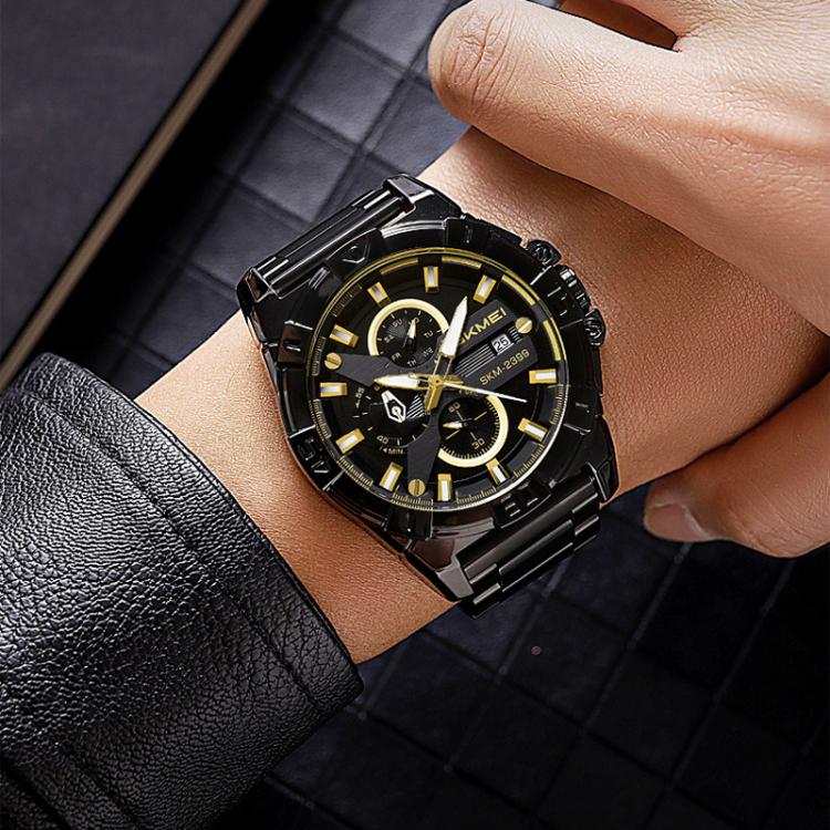 SKMEI 2399 Three-eye Six-pin Steel Band Quartz Watch Men Business Casual Watch(Black Gold) - free shipping - PMC TechLife - Order now!