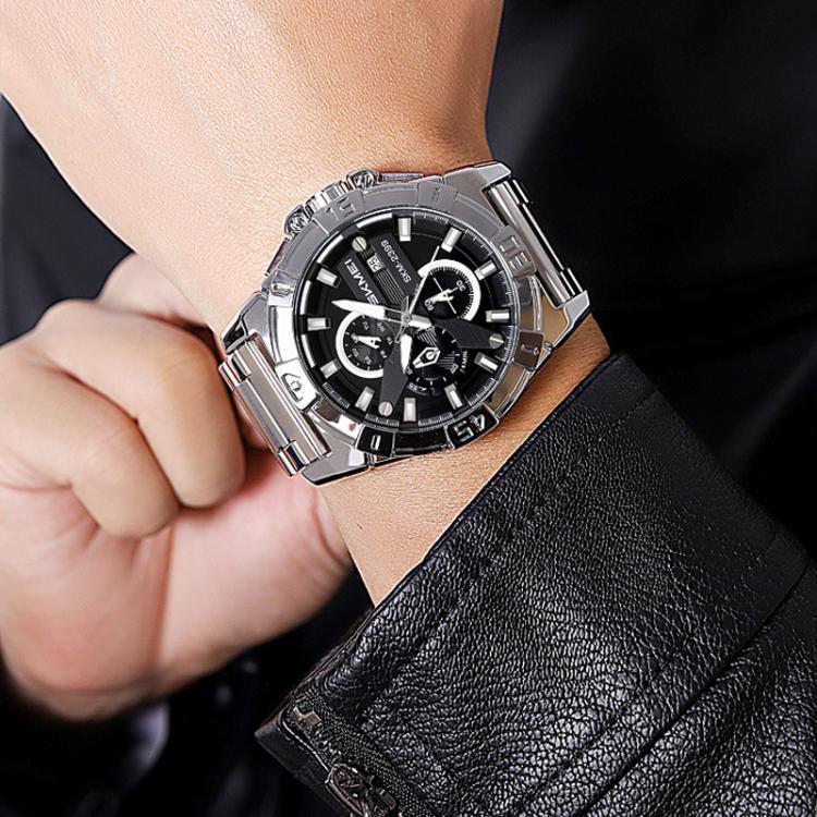 SKMEI 2399 Three-eye Six-pin Steel Band Quartz Watch Men Business Casual Watch(Black Gold) - free shipping - PMC TechLife - Order now!