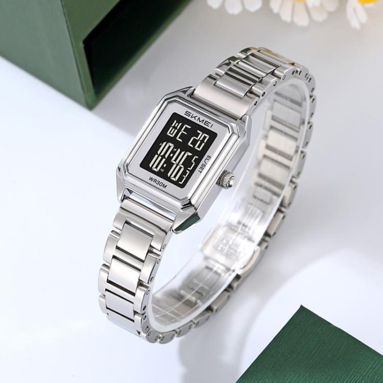 SKMEI 2493 Small Women Electronic Watch Square Steel Strap Watch, Style: Silver Case White - free shipping - PMC TechLife - Order now!