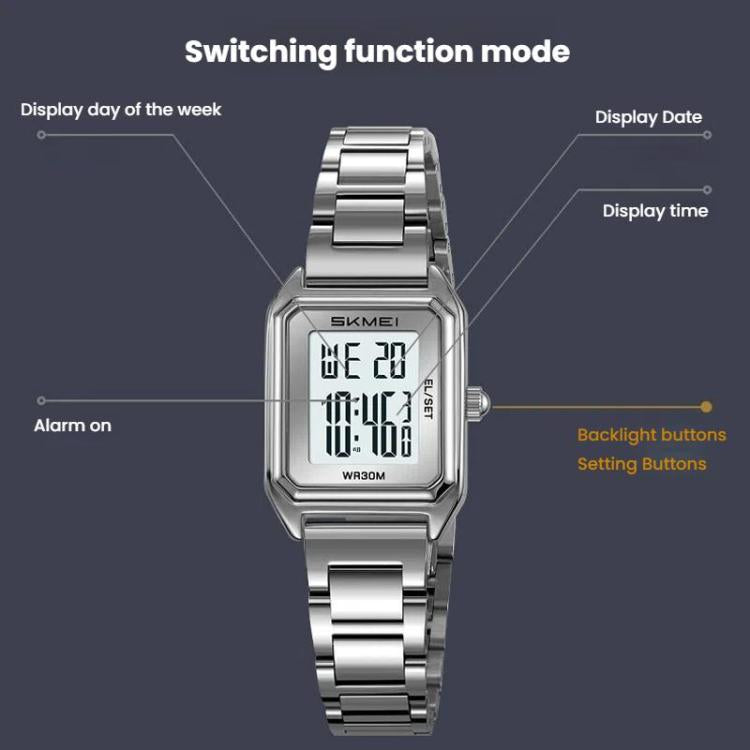 SKMEI 2493 Small Women Electronic Watch Square Steel Strap Watch, Style: Silver Case White - free shipping - PMC TechLife - Order now!