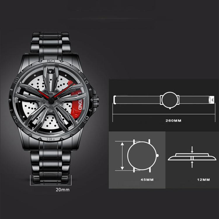 BINBOND D001 3D Hollow Motorcycle Rotating Wheel Watch, Color: Black Leather-White Steel-Red - free shipping - PMC TechLife - Order now!