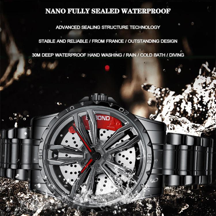 BINBOND D001 3D Hollow Motorcycle Rotating Wheel Watch, Color: Black Leather-White Steel-Red - free shipping - PMC TechLife - Order now!