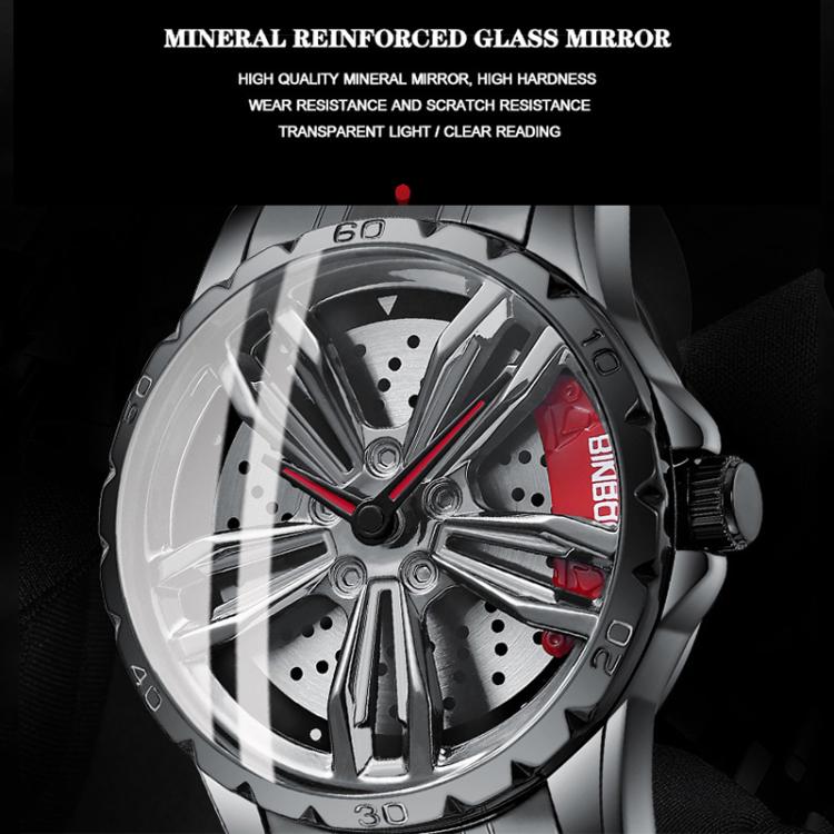 BINBOND D001 3D Hollow Motorcycle Rotating Wheel Watch, Color: Black Leather-White Steel-Red - free shipping - PMC TechLife - Order now!