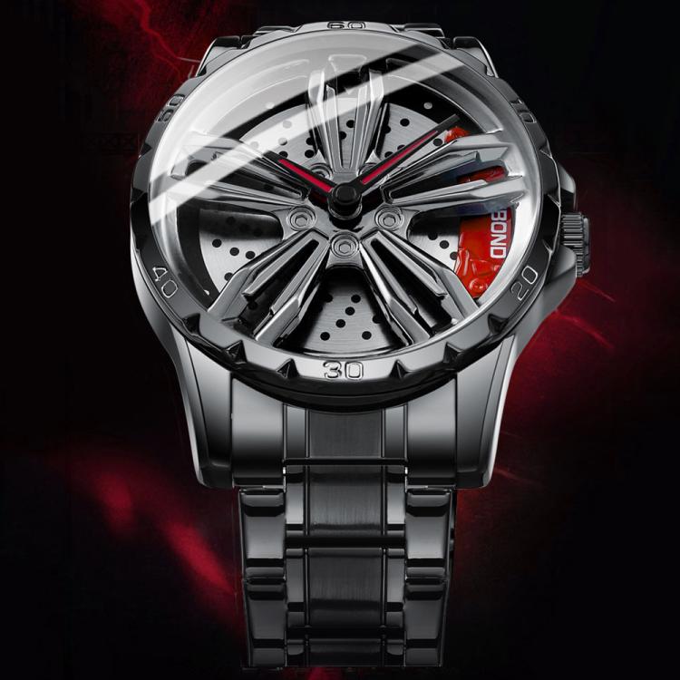 BINBOND D001 3D Hollow Motorcycle Rotating Wheel Watch, Color: Black Leather-White Steel-Red - free shipping - PMC TechLife - Order now!