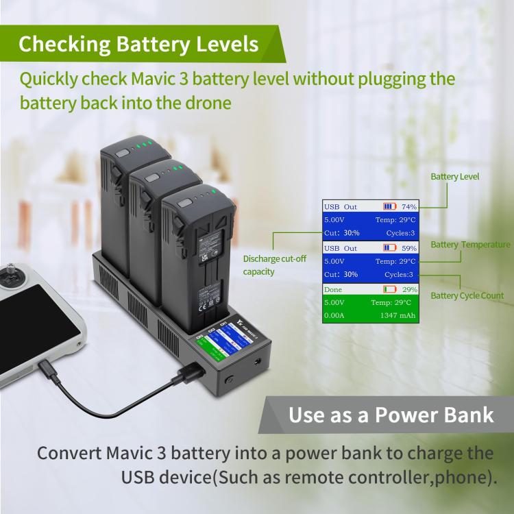 For DJI Mavic 3 YX Battery Charger Discharger Hub 3-in-1 Smart Charging Station With Color Screen US Plug - free shipping - PMC TechLife - Order now!