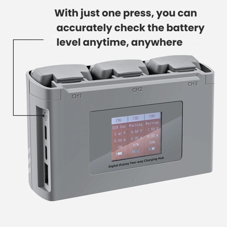 For DJI Mini 2 SE/Mini 2/Mini 4K YX 3-way Battery Charging Hub With Color Screen(Gray) - free shipping - PMC TechLife - Order now!