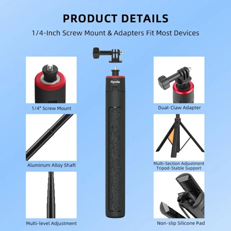 Flymile 1.6m Extendable Selfie Stick Tripod For Action Cameras One-Button Quick Setup Monopod With Wide-Angle View - free shipping - PMC TechLife - Order now!