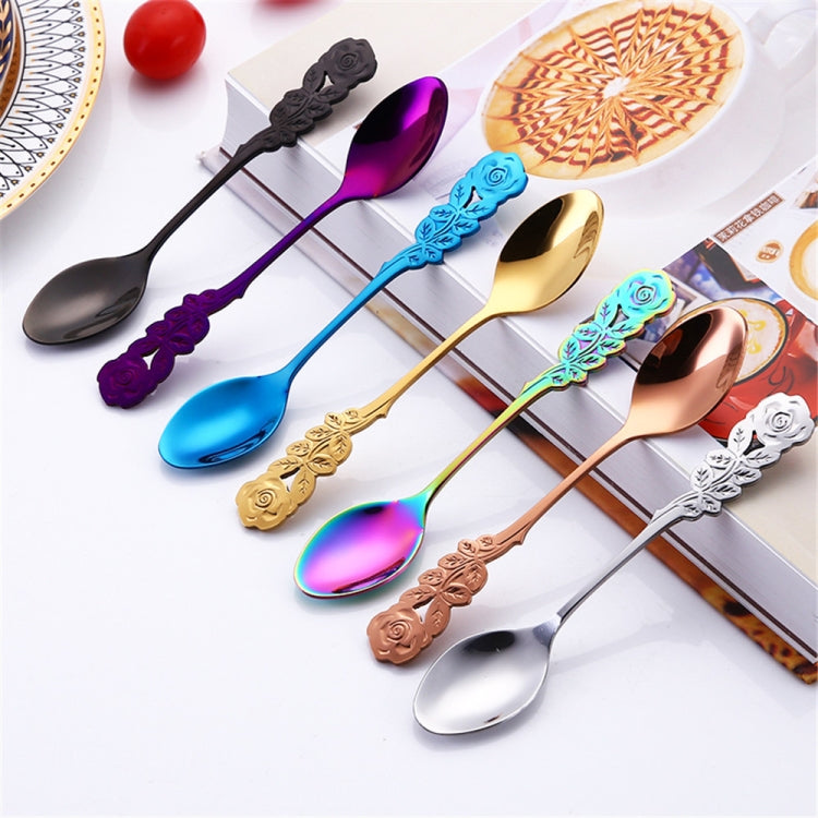 Small Mini Stainless Steel Rose Flower Coffee Spoon Strring Spoon Teaspoon Tea Spoon Dessert Spoon Long Handle Tableware(Black Gold) - free shipping - PMC TechLife - Order now!