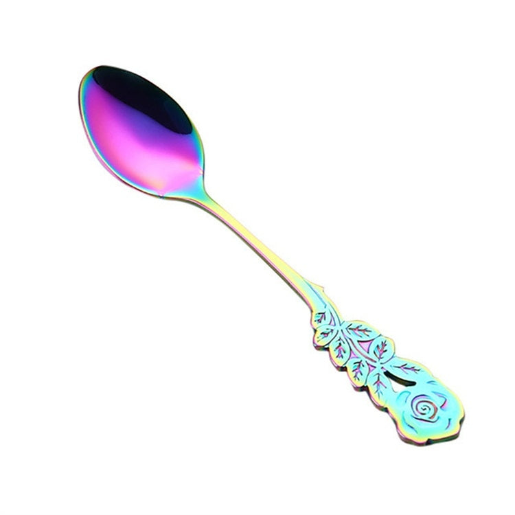 Small Mini Stainless Steel Rose Flower Coffee Spoon Strring Spoon Teaspoon Tea Spoon Dessert Spoon Long Handle Tableware(Multicolor) - free shipping - PMC TechLife - Order now!