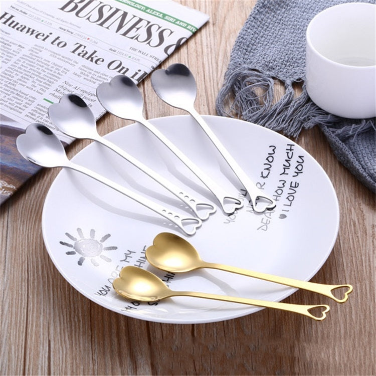 2 PCS Stainless Steel Spoon Portable Metal Coffee Teaspoon Creative Love Heart Shaped Wedding Party Gift Dinnerware, Color:Silver Single Hole Love - free shipping - PMC TechLife - Order now!