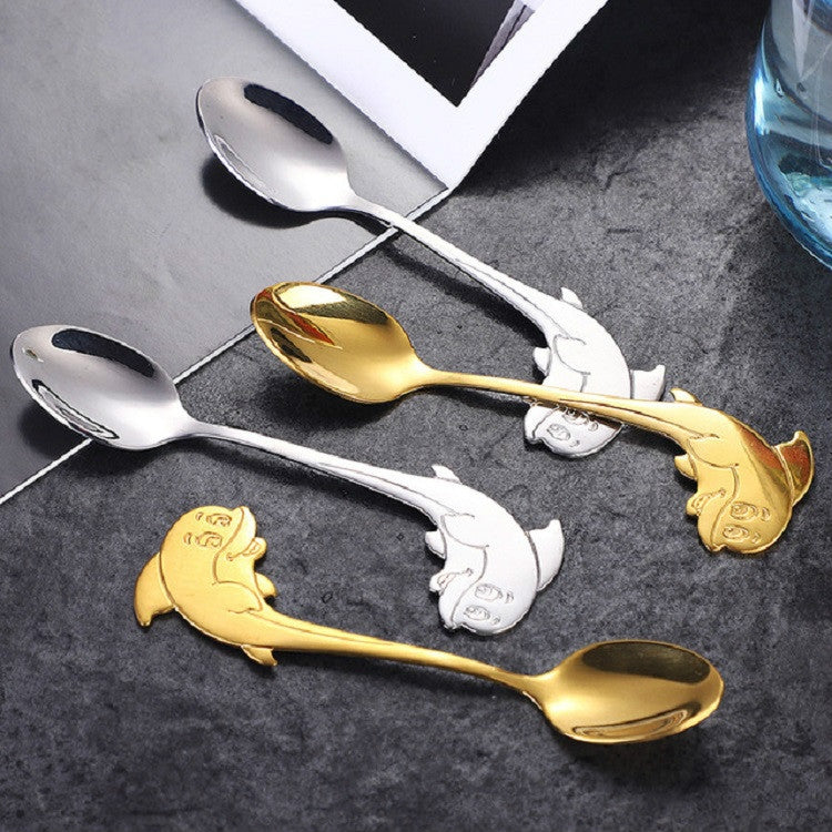 2 PCS Stainless Steel Dolphin Shape Cartoon Coffee Stirring Spoon Ice Cream Spoon Child Feeding Spoon(Gold) - free shipping - PMC TechLife - Order now!