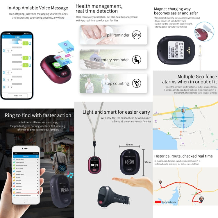 REACHFAR RF-V45-B Mini Touch Screen GPS Smart Tracker Pendant, Support SOS / Camera / Health Management / Video Calling / 4G LTE, For North America / South America(Wine Red) - free shipping - PMC TechLife - Order now!