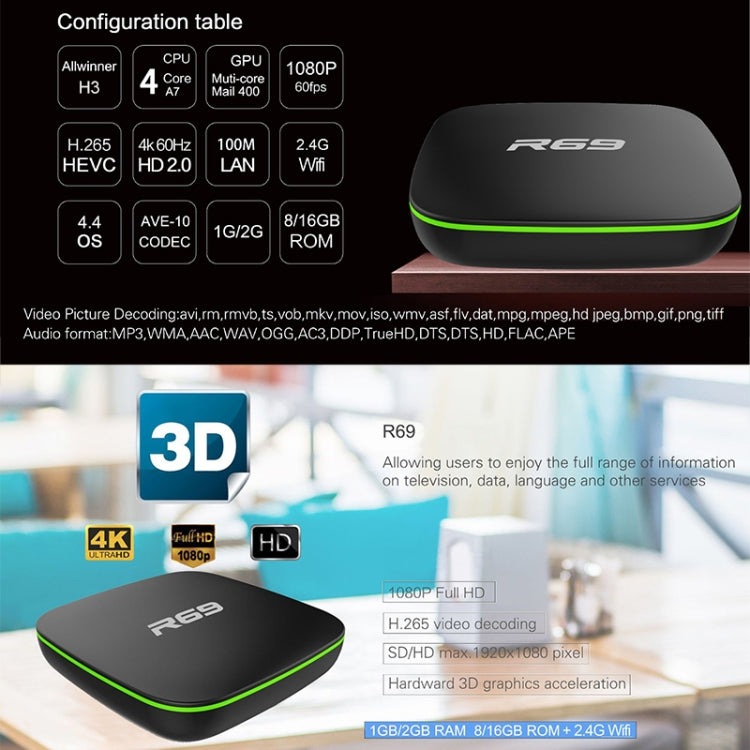 R69 1080P HD Smart TV BOX Android 4.4 Media Player with Remote Control, Quad Core Allwinner H3, RAM: 1GB, ROM: 8GB, 2.4G WiFi, LAN, AU Plug - Allwinner H3 by PMC TechLife | Online Shopping South Africa | PMC TechLife | Buy Now Pay Later Mobicred