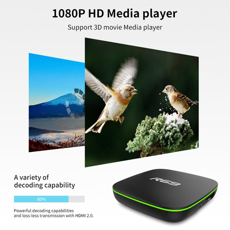 R69 1080P HD Smart TV BOX Android 4.4 Media Player with Remote Control, Quad Core Allwinner H3, RAM: 1GB, ROM: 8GB, 2.4G WiFi, LAN, AU Plug - Allwinner H3 by PMC TechLife | Online Shopping South Africa | PMC TechLife | Buy Now Pay Later Mobicred