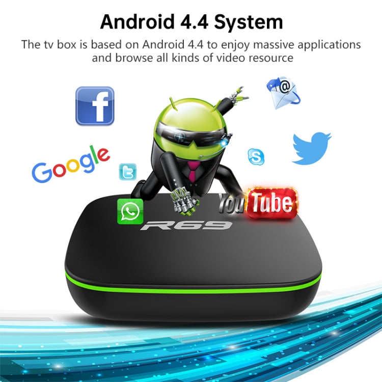 R69 1080P HD Smart TV BOX Android 4.4 Media Player with Remote Control, Quad Core Allwinner H3, RAM: 1GB, ROM: 8GB, 2.4G WiFi, LAN, UK Plug - Allwinner H3 by PMC TechLife | Online Shopping South Africa | PMC TechLife | Buy Now Pay Later Mobicred