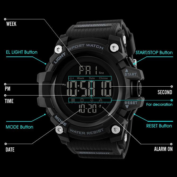 SKMEI 1384 Multifunctional Men Outdoor Fashion Noctilucent Waterproof LED Digital Watch (Black) - free shipping - PMC TechLife - Order now!