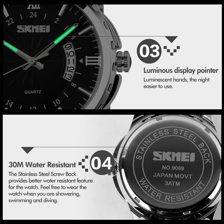 SKMEI 9069 Multifunctional Outdoor Fashion Business Waterproof Silver Shell Quartz Wrist Watch(Blue) - free shipping - PMC TechLife - Order now!