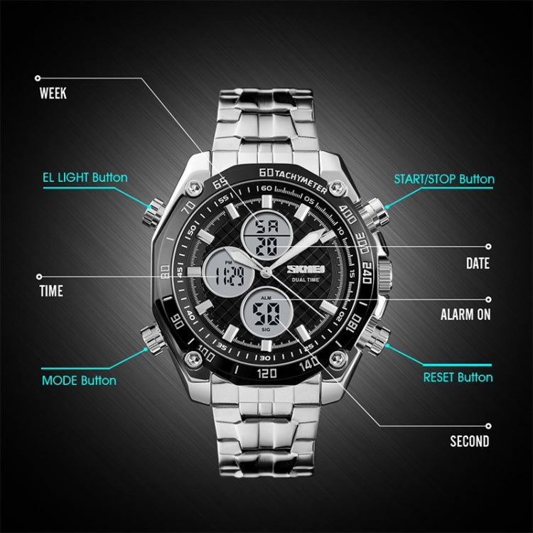 SKMEI 1302 Fashion Men Leisure Wrist Watch Multifunctional Dual-time Sports Digital Watch with Stainless Steel Watchband 30m Waterproof (Silver+Black) - free shipping - PMC TechLife - Order now!