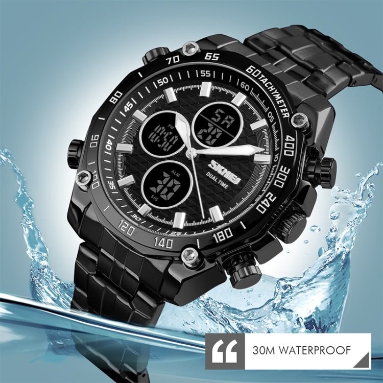 SKMEI 1302 Fashion Men Leisure Wrist Watch Multifunctional Dual-time Sports Digital Watch with Stainless Steel Watchband 30m Waterproof (Silver+Black) - free shipping - PMC TechLife - Order now!