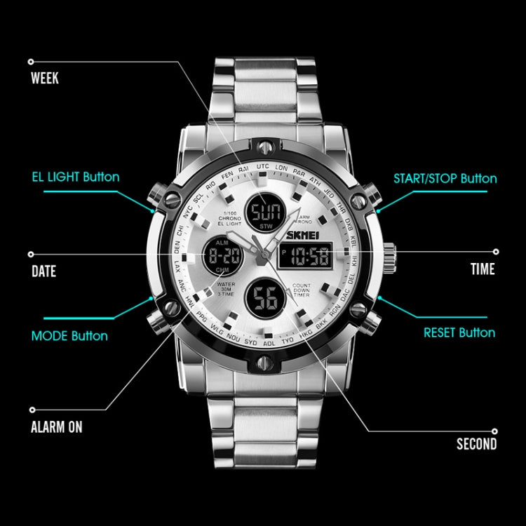 SKMEI 1389 Multifunctional Men Business Digital Watch 30m Water-resistant Large Dial Wrist Watch with Stainless Steel Watchband (Black) - free shipping - PMC TechLife - Order now!