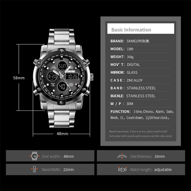 SKMEI 1389 Multifunctional Men Business Digital Watch 30m Water-resistant Large Dial Wrist Watch with Stainless Steel Watchband (Black) - free shipping - PMC TechLife - Order now!